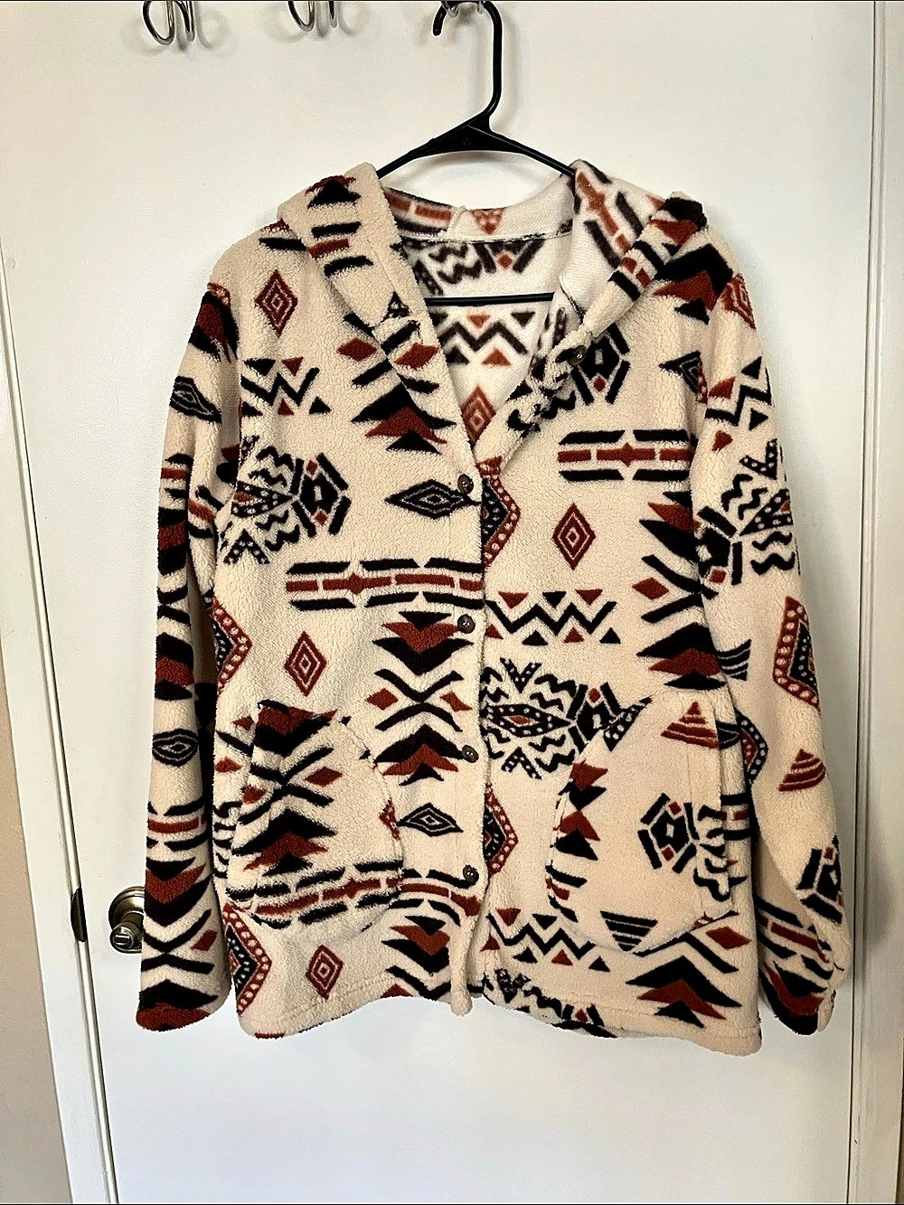 Women's Geometric Hooded Jacket in Cream & Brown